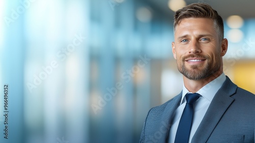 Business man in a sleek office, standing with arms crossed, professional business suit, leadership role, business decision making, modern office, commercial use, business team in background