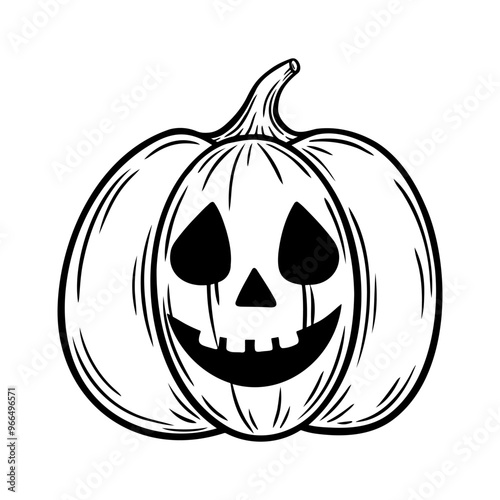 Spooky Halloween pumpkin illustration in line art style. Laughing Jack o lantern graphic monochrome drawing. Hand drawn outline sketch, engraved illustration. For coloring book, invitation, decoration
