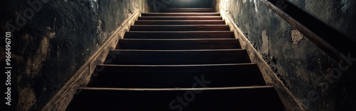 A dimly lit staircase leading upward, suggesting mystery or an unknown destination.