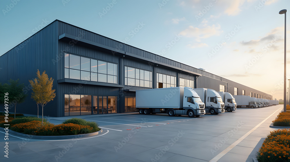 Modern industrial large warehouse with blue sky and clouds in the background. Industrial concept Modern industrial large warehouse with blue sky and clouds in the background. Industrial concept