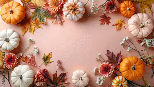 Pastel Pink Halloween and Autumn Minimal Modern Pumpkin with Autumnal Flowers Background, Copy Space