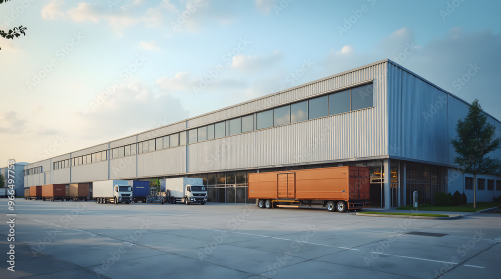 Modern industrial large warehouse with blue sky and clouds in the background. Industrial concept Modern industrial large warehouse with blue sky and clouds in the background. Industrial concept
