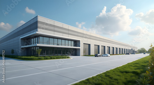 Modern industrial large warehouse with blue sky and clouds in the background. Industrial concept 