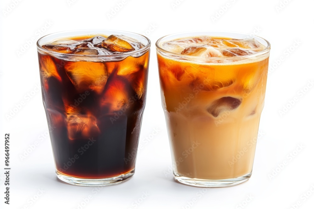 Two Glasses, Cold Brew Coffee and Iced Latte on White Background. Refreshing Summer Drinks Two Glasses, Cold Brew Coffee and Iced Latte on White Background. Refreshing Summer Drinks