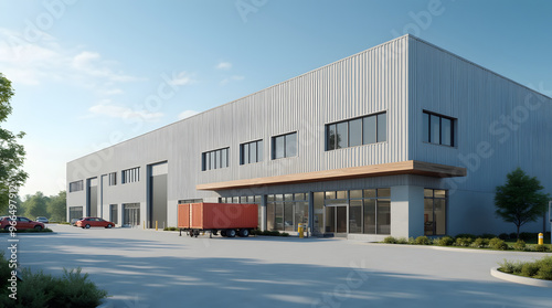 Modern industrial large warehouse with blue sky and clouds in the background. Industrial concept 