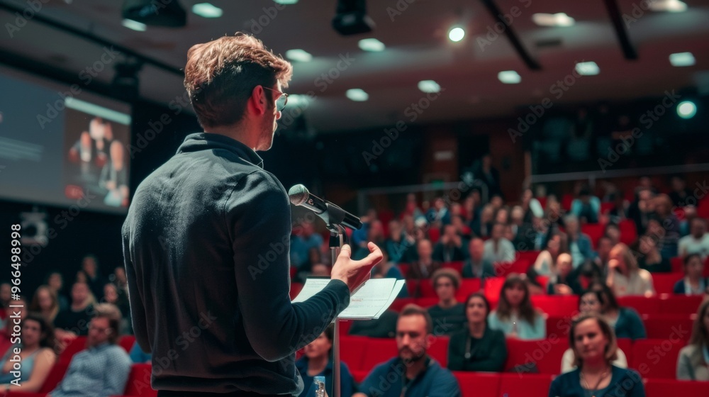 man giving a speech in a packed auditorium man giving a speech in a packed auditorium