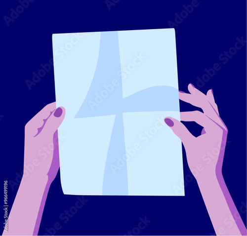 Women's hands hold a blank sheet of notepaper. Colorful vector illustration in flat art style