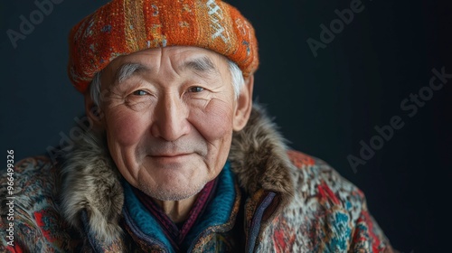 Elderly man wearing colorful hat and traditional attire in indoor setting