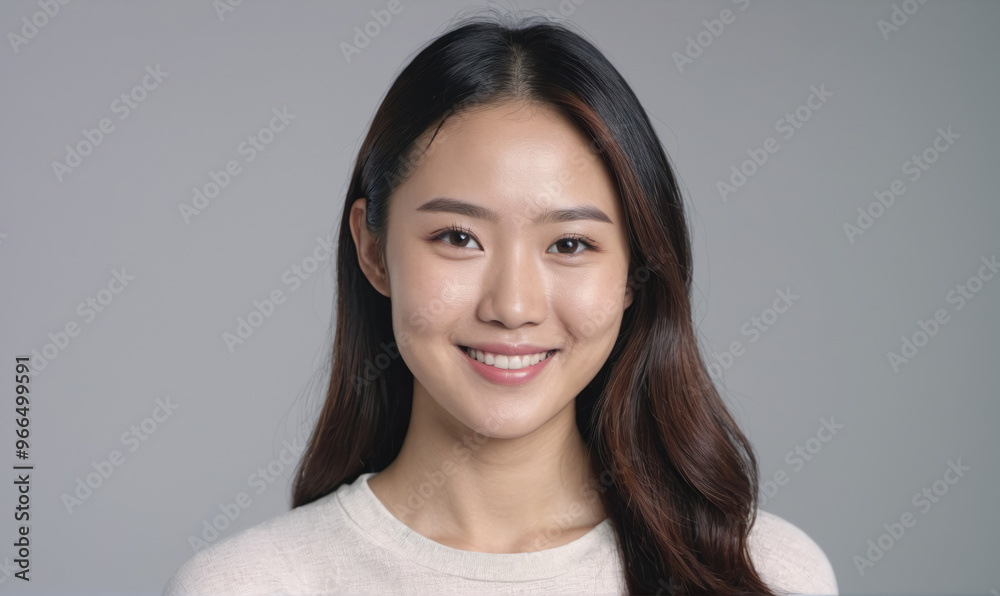 A young woman with long, dark hair smiles warmly at the camera in a studio setting A young woman with long, dark hair smiles warmly at the camera in a studio setting