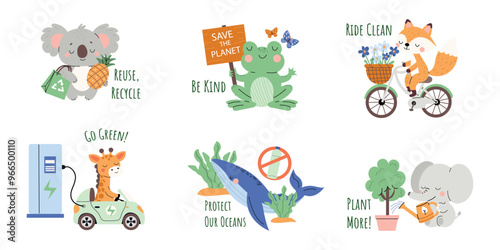 Cute eco Set of flat style with giraffe, koala, frog, fox, and whale, focusing on eco-friendly messages through their activities like recycling and tree planting. Isolated on white background.