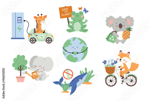 Eco-friendly set with cute animals and earth. Flat cartoon illustration featuring a giraffe, koala, fox, elephant, frog, and whale promoting sustainable living. Isolated on white background.