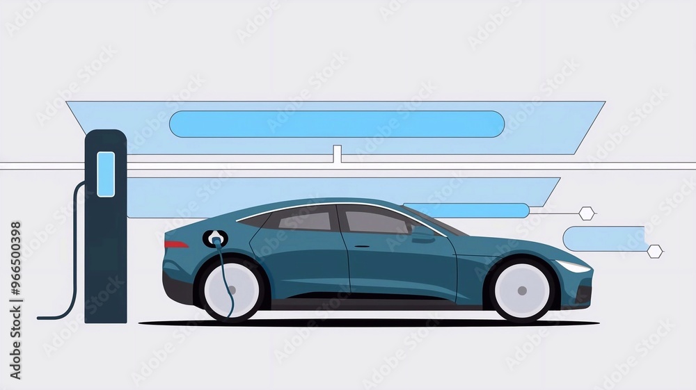 Naklejka premium Electric car at charging station. Vector illustration in minimalist style.