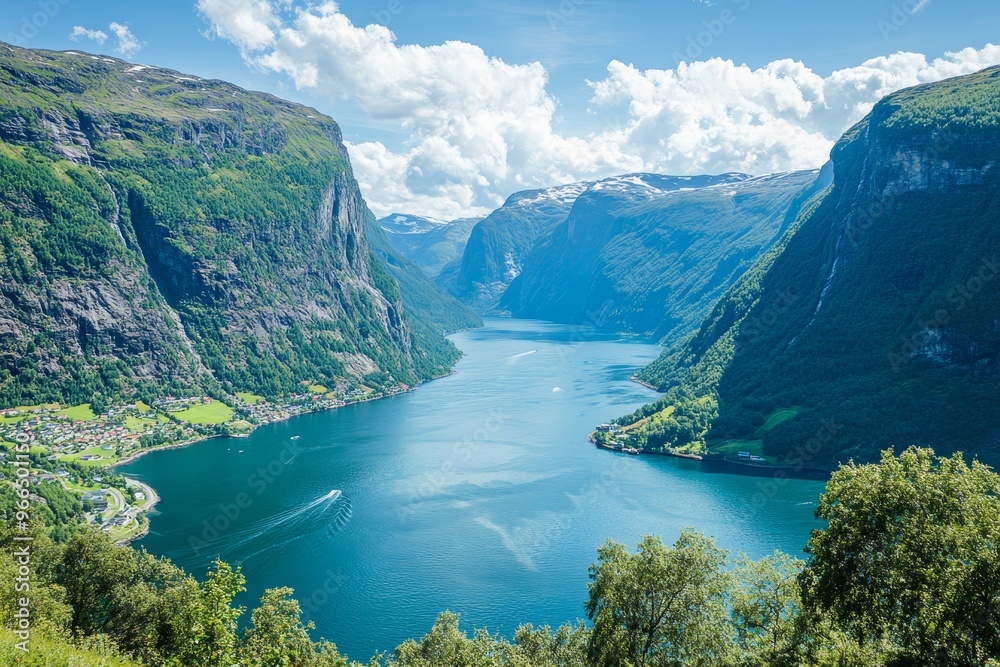 Majestic Norwegian Fjord Scenic Landscape With Lush Green Mountains And Crystal-Clear Blue Water Majestic Norwegian Fjord Scenic Landscape With Lush Green Mountains And Crystal-Clear Blue Water
