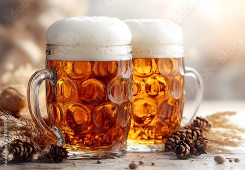 Two frosty mugs of golden beer, filled to the brim with a rich, foamy head, sit on a rustic wooden table adorned with scattered pinecones and golden wheat stalks.