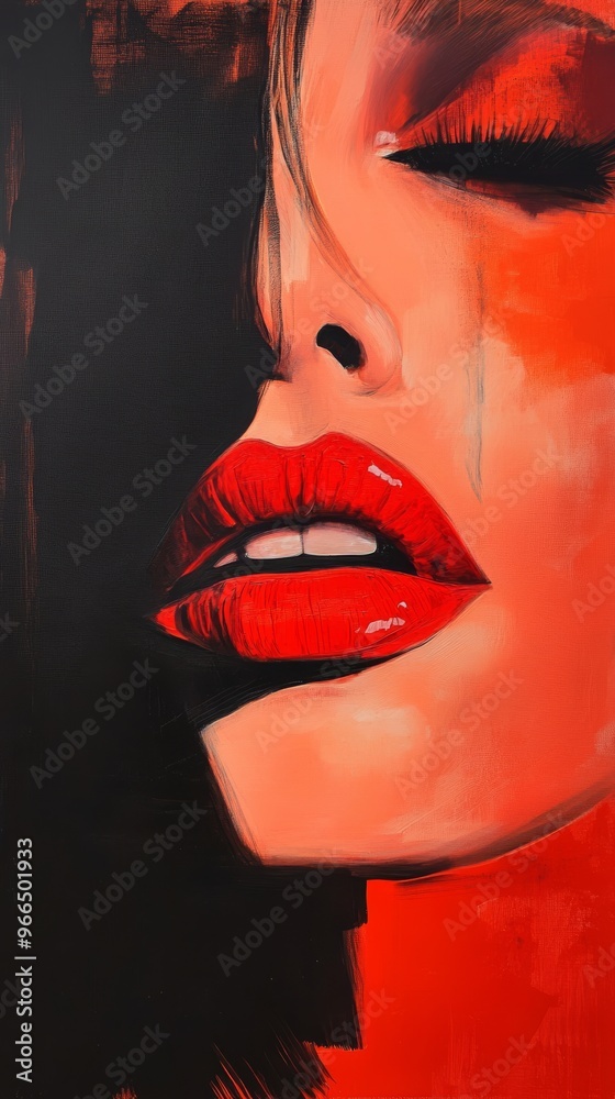 Bold red lips and closed eye in abstract portrait painting, emotional expression concept Bold red lips and closed eye in abstract portrait painting, emotional expression concept