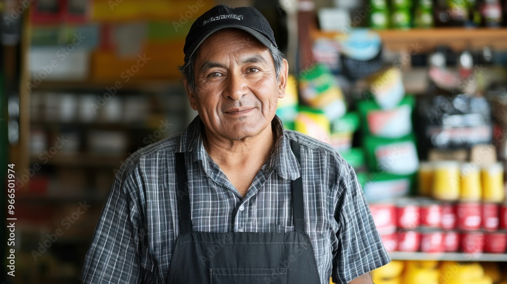 A Middle-Aged Man Wearing a Black Apron Stands in a Store A Middle-Aged Man Wearing a Black Apron Stands in a Store