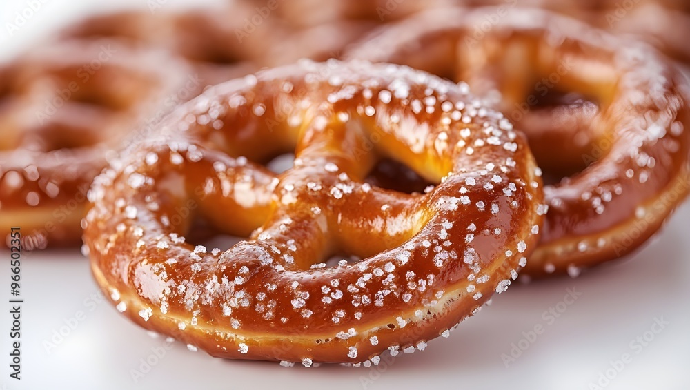 A close-up composition of freshly baked pretzels, arranged artistically on a smooth white surface. A close-up composition of freshly baked pretzels, arranged artistically on a smooth white surface.
