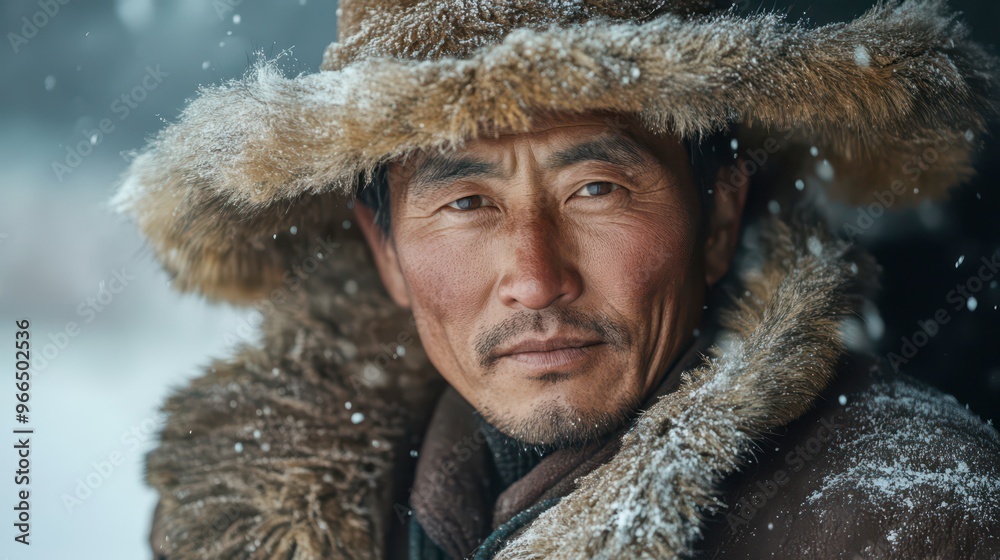 Man in fur hat gazes thoughtfully during snowy winter in remote area Man in fur hat gazes thoughtfully during snowy winter in remote area