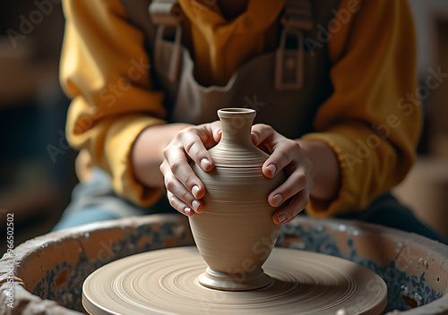 Female potter making ceramic vase on potter's wheel