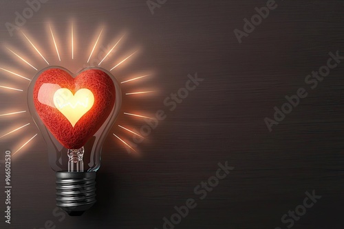 A light bulb with a glowing heart in the center, surrounded by faint rays of light, representing the spark of heart centered innovation photo