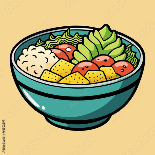 hand drawing style, delicious poke bowl vector icon illustration, on isolated background, flat