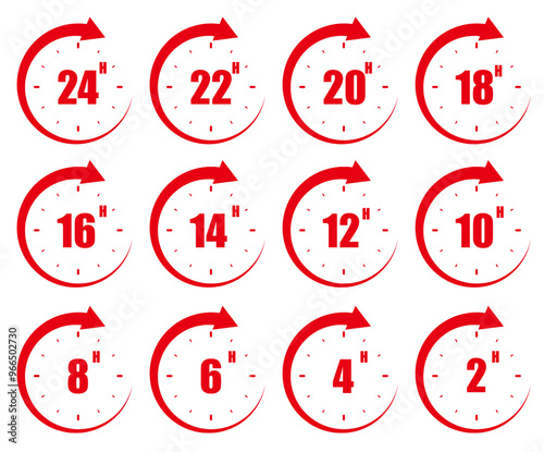 set of red clock icons showing 2, 4, 6, 8, 10, 12, 14, 16, 18, 20, 22 and 24 hours. vector illustration