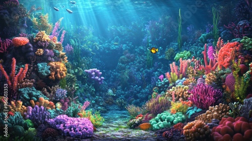 Vibrant Underwater Scene with Colorful Corals and Fish