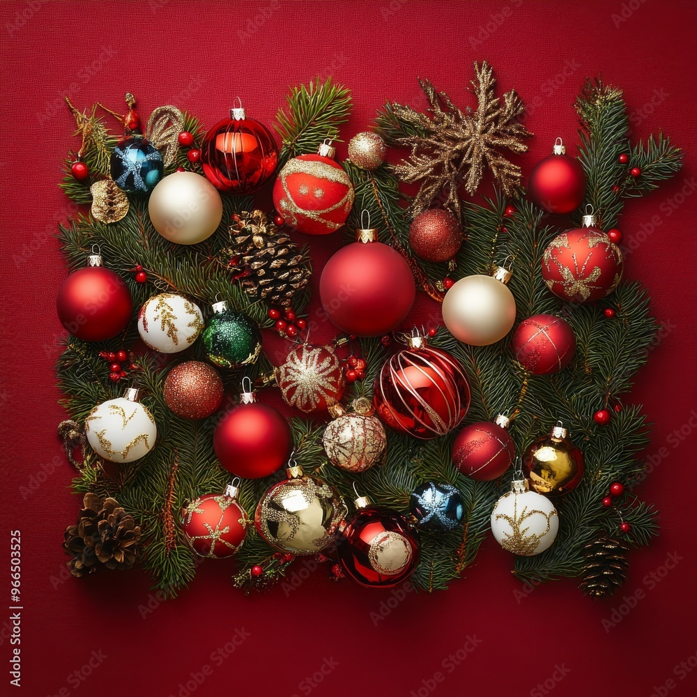 Christmas background with xmas tree and bauble lights on red canvas background.