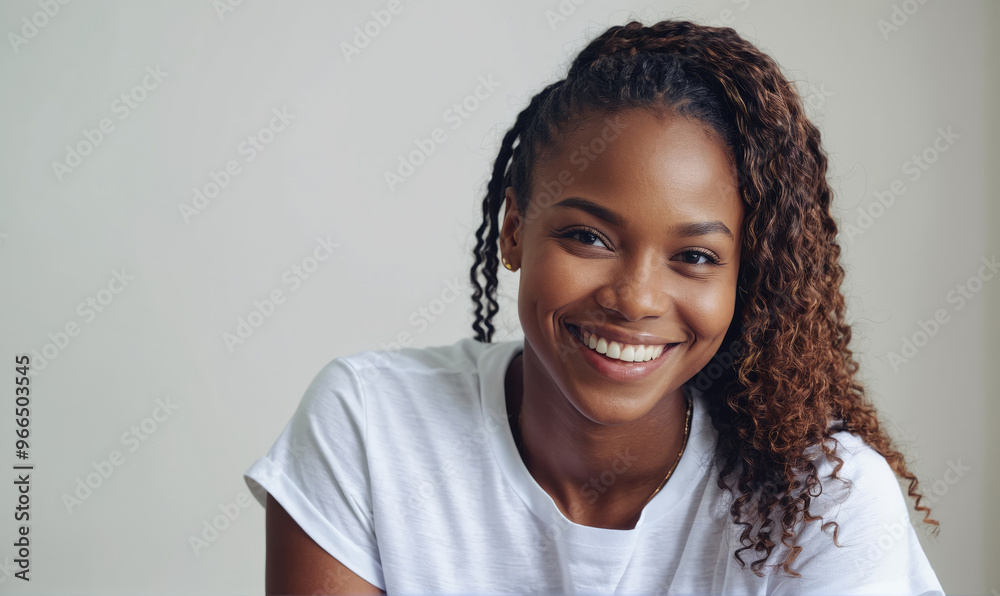 A young woman with curly brown hair smiles brightly at the camera while wearing a white t-shirt
