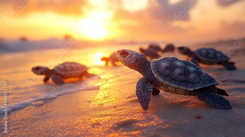 Baby sea turtles walk towards the ocean at sunrise. photo