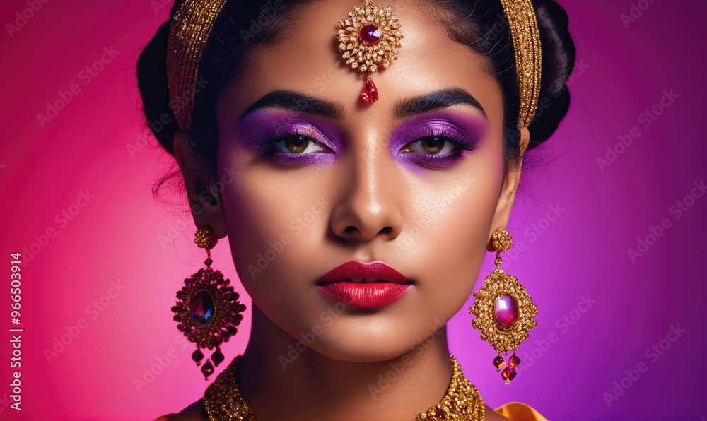 A woman with purple eyeshadow and a bindi looks directly at the camera A woman with purple eyeshadow and a bindi looks directly at the camera
