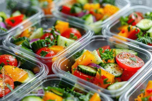 Fresh salad lunch boxes in plastic containers, top view of diet takeout options