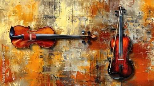 Two violins are shown in a painting, one of which is upside down