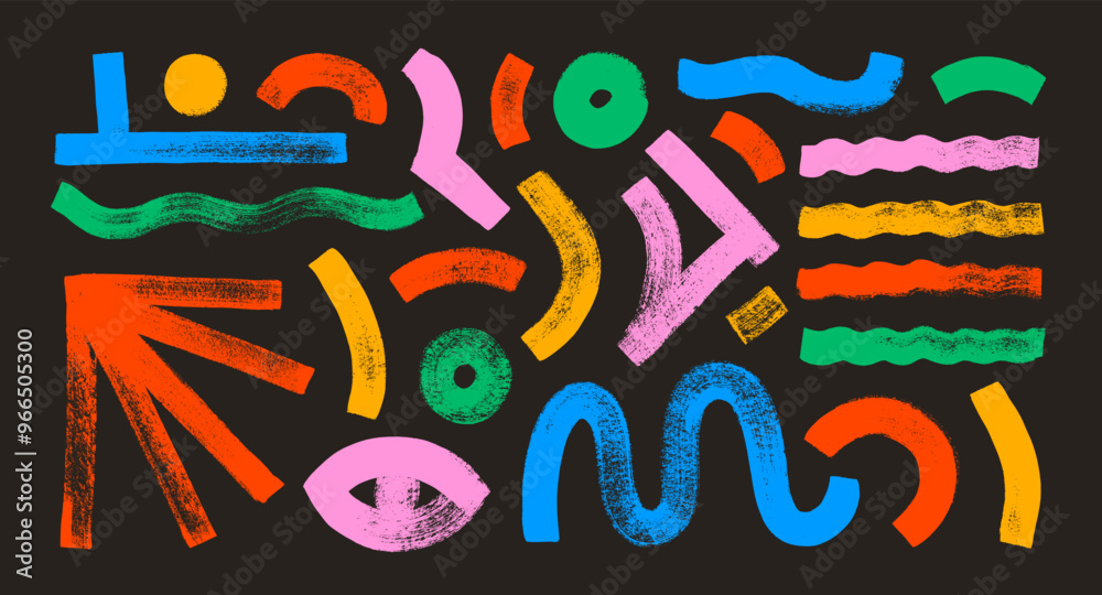 Naive playful abstract geometric shapes in grunge doodle style. Colorful brush drawn bold figures and thick wavy lines.