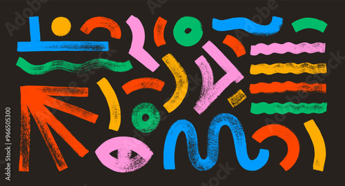 Naive playful abstract geometric shapes in grunge doodle style. Colorful brush drawn bold figures and thick wavy lines.