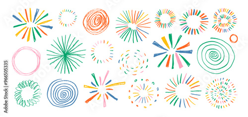 Set of colorful sun, sunburst shapes or doodle firework. Crayon drawing vector elements.