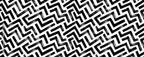 Geometric maze seamless banner design. Abstract geometric labyrinth seamless pattern with zigzag brush strokes. Irregular labyrinth ornament with rough smears. Tribal ethnic, african vector texture.