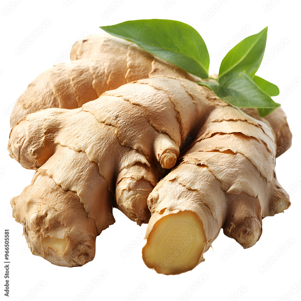 Fototapeta premium A fresh ginger root with its knobby, brown skin and irregular shape, isolated on a transparent background.