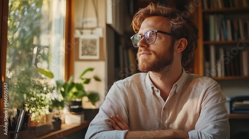 Thoughtful man gazing out window in cozy plant-filled workspace