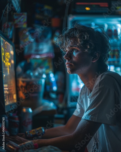 A young man sitting in a dark room, illuminated only by the glow of his computer screen