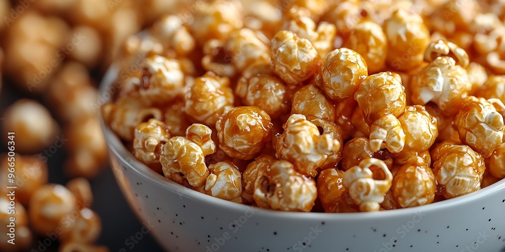 Closeup of caramel popcorn in a heap on a white background golden and glossy Closeup of caramel popcorn in a heap on a white background golden and glossy