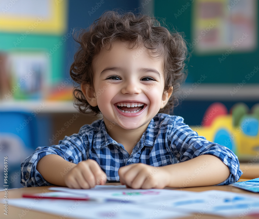 A young boy smiling happily while working on a classroom activity A young boy smiling happily while working on a classroom activity