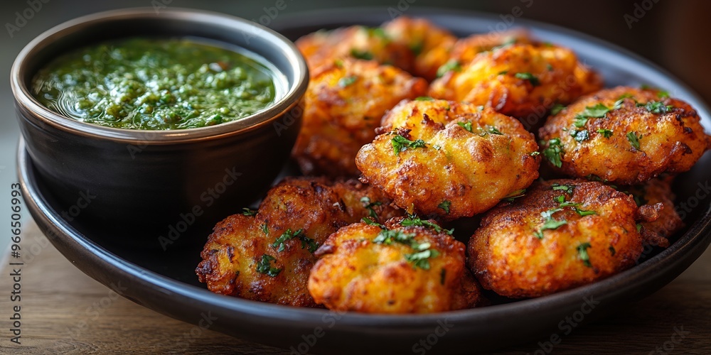 Closeup of spicy golden pakoras served with green chutney and a cup of hot masala chai in a cozy setting