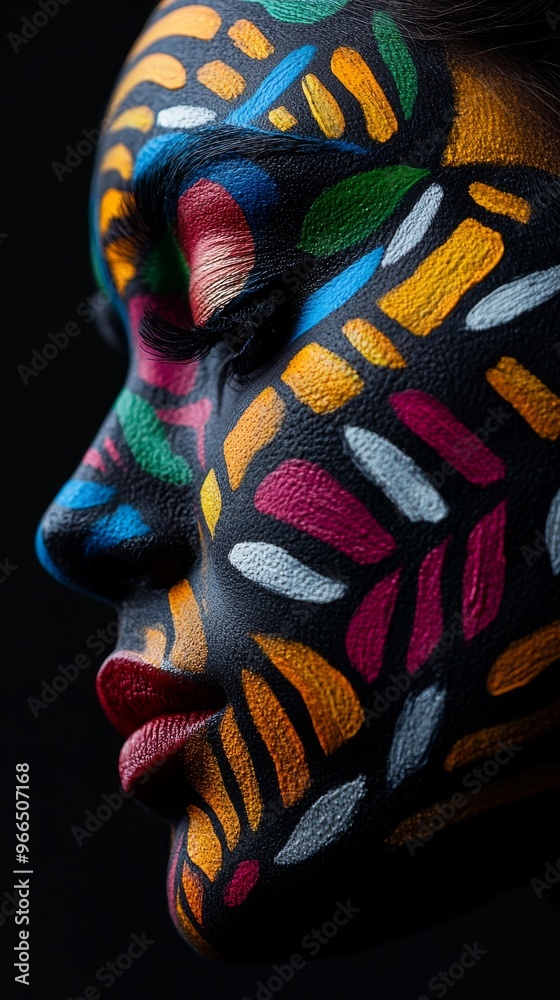 Fototapeta premium Vibrant face paint on woman, artistic expression. Creative body art concept