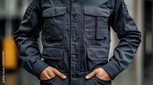 Dark utility jacket worn by a person with hands in pockets outdoors