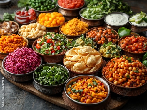 Colorful platter of Indian chaats including papdi chaat dahi puri and sev puri with vibrant garnishes photo