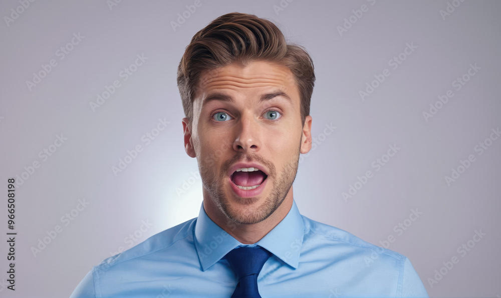 A man in a blue shirt and tie looks surprised in front of a gray background A man in a blue shirt and tie looks surprised in front of a gray background