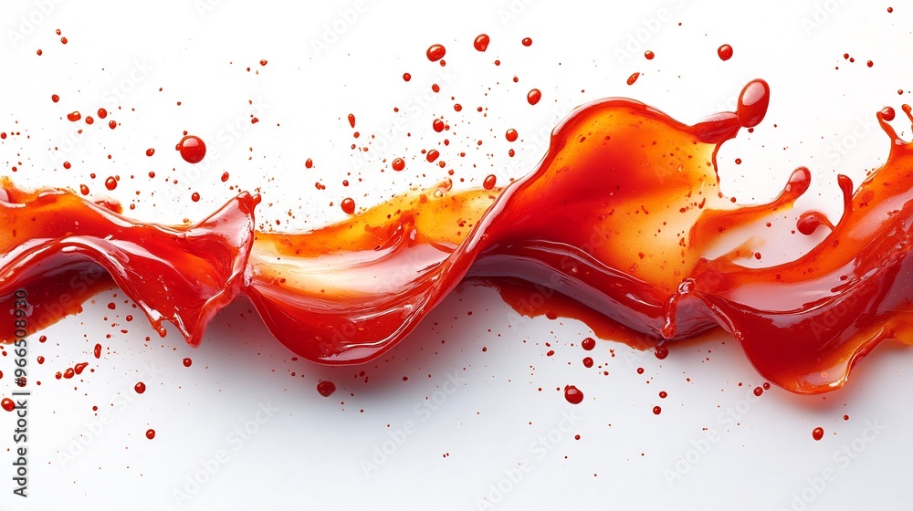 Drizzle of spicy hot chili sauce creating an artistic pattern on a pure white background Drizzle of spicy hot chili sauce creating an artistic pattern on a pure white background