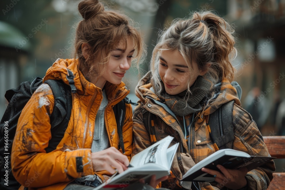 A mother and her teenage daughter sitting on a park bench A mother and her teenage daughter sitting on a park bench