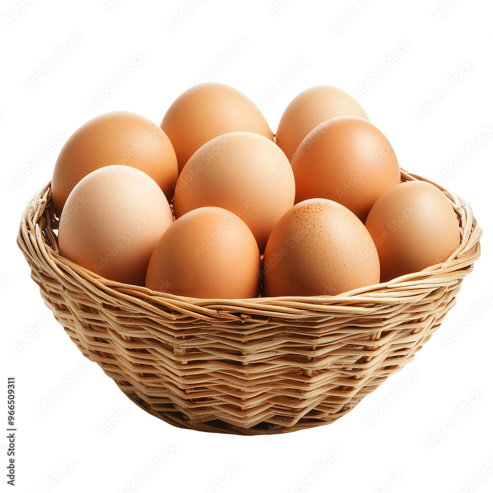 Fresh brown eggs in wicker basket isolated on transparent background Generative Ai. Fresh brown eggs in wicker basket isolated on transparent background Generative Ai.